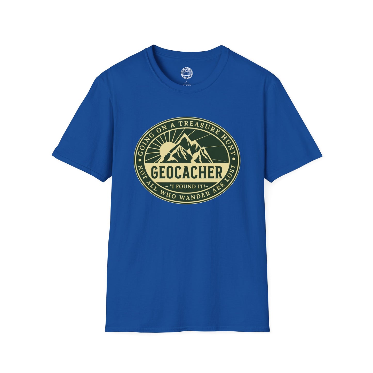 Blue t-shirt with a geocaching logo on a white background