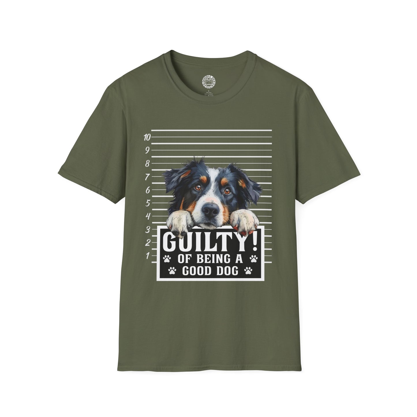 Green t-shirt with a Australian Shepherd dog graphic and text on a white background