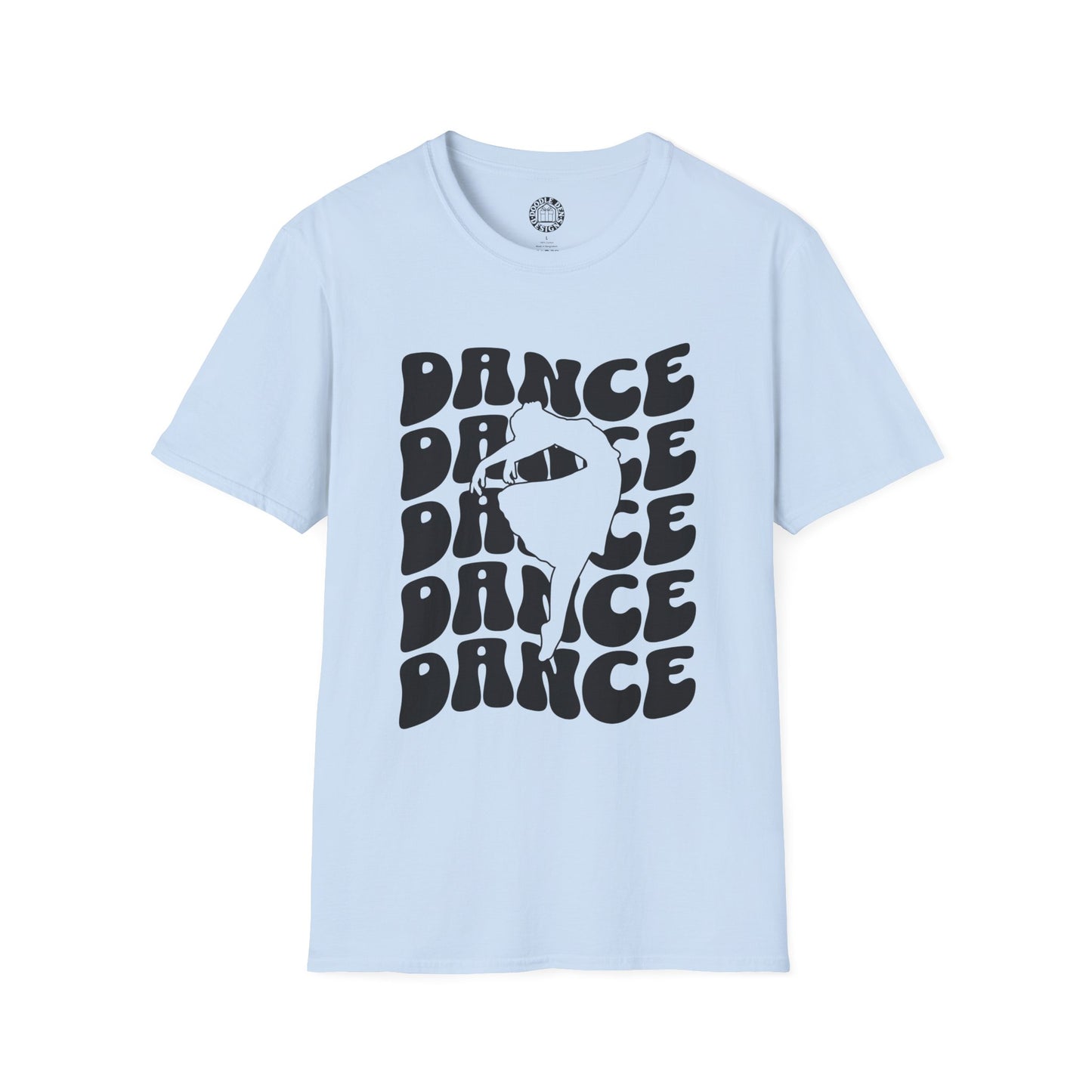 Light blue t-shirt with 'DANCE' text and silhouette graphic on a white background