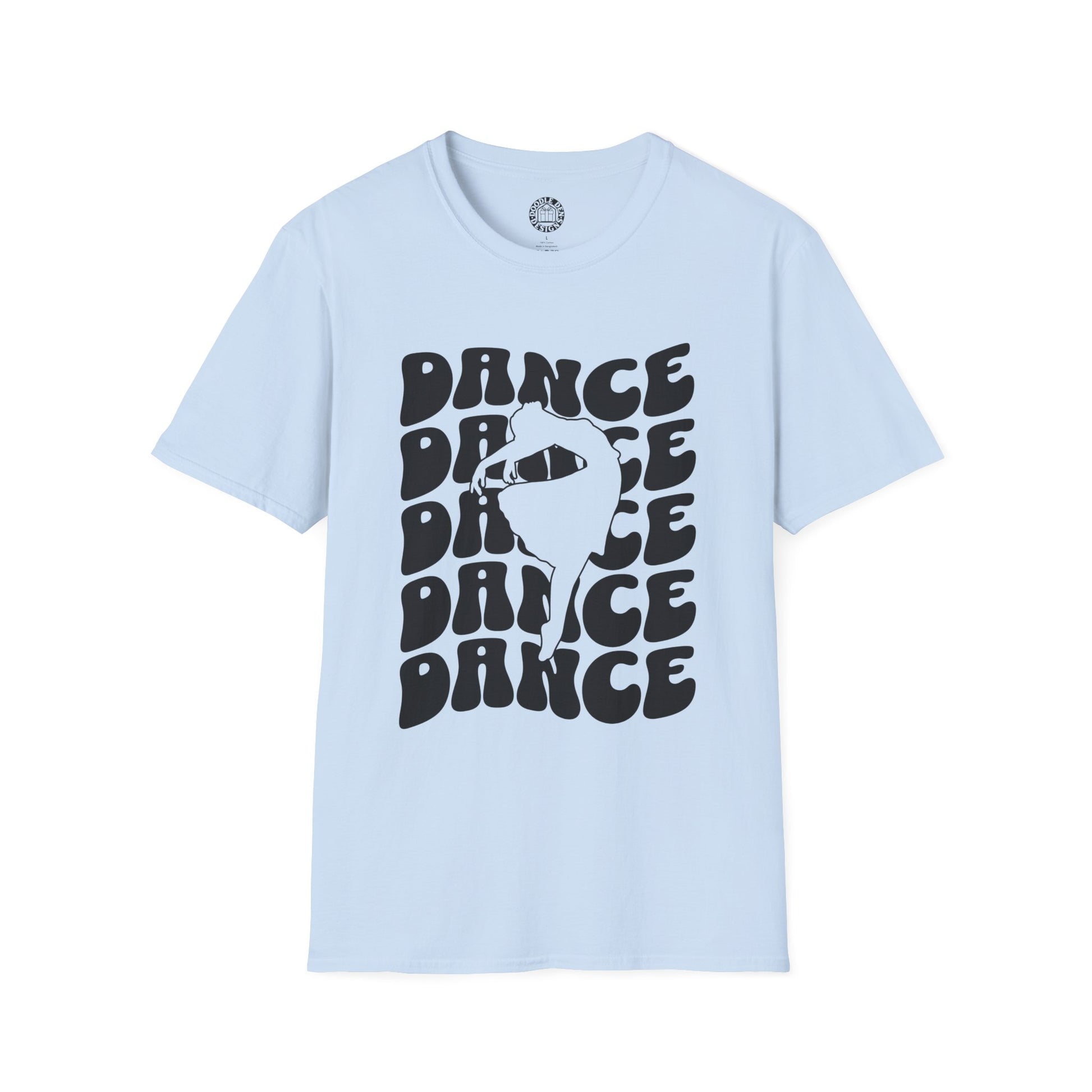 Light blue t-shirt with 'DANCE' text and silhouette graphic on a white background