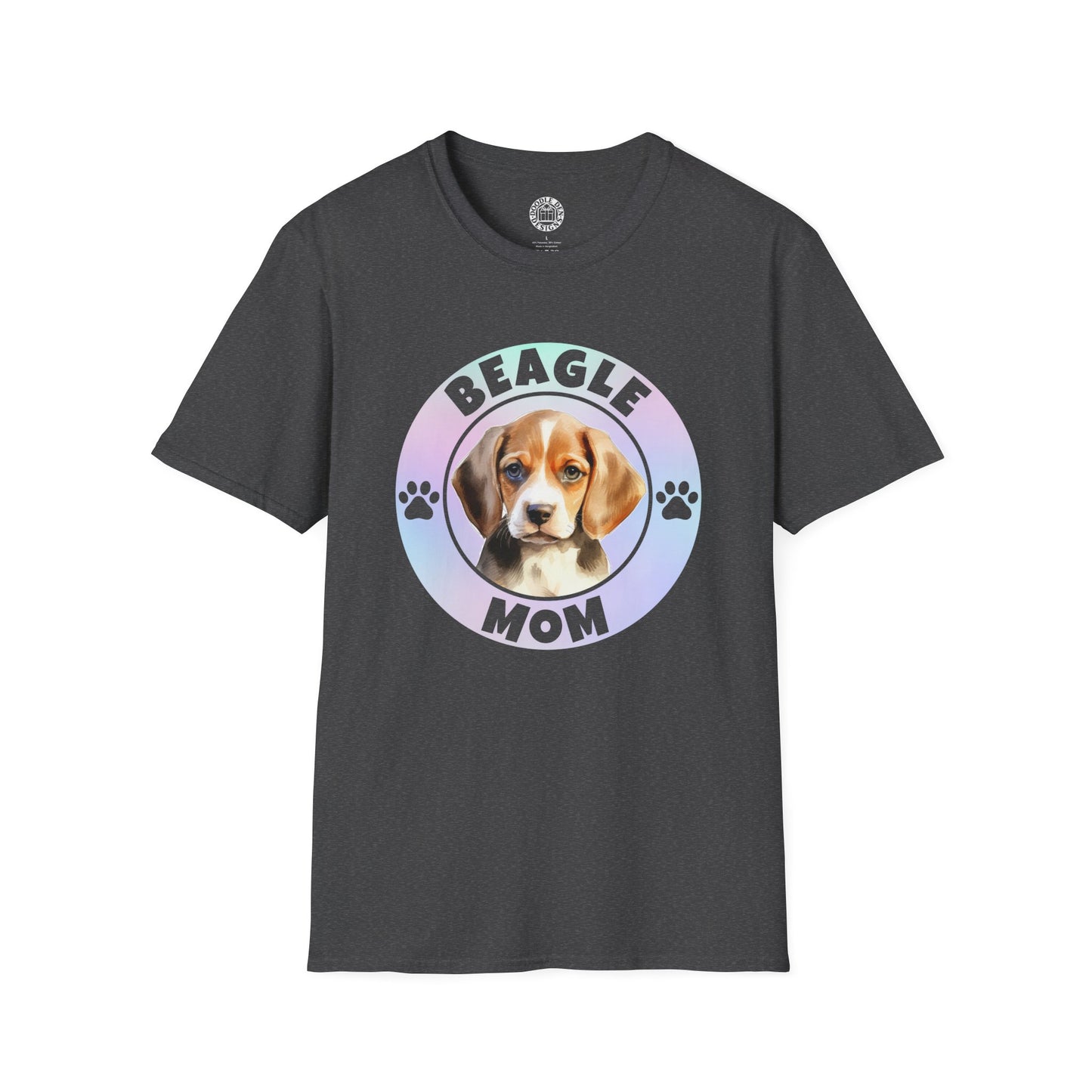 Black t-shirt with a beagle graphic and 'Beagle Mom' text on a white background