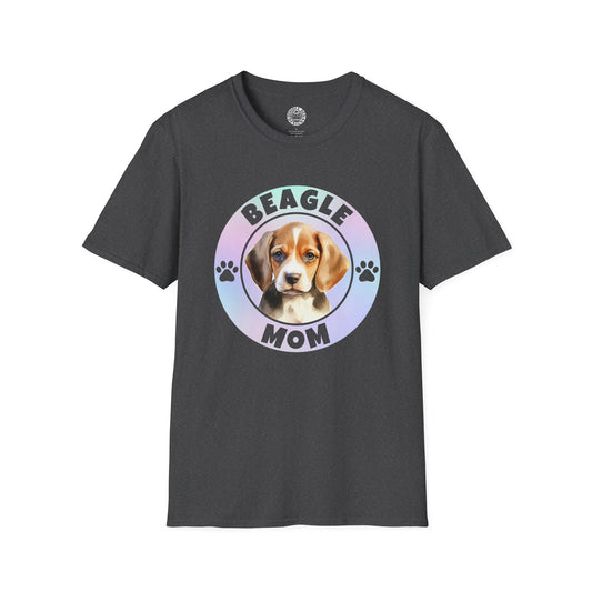 Black t-shirt with a beagle graphic and 'Beagle Mom' text on a white background