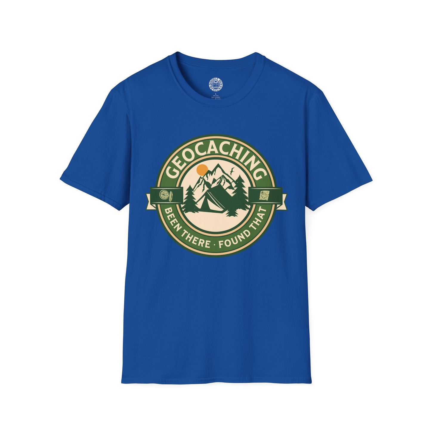 Blue t-shirt with geocaching graphic on a white background