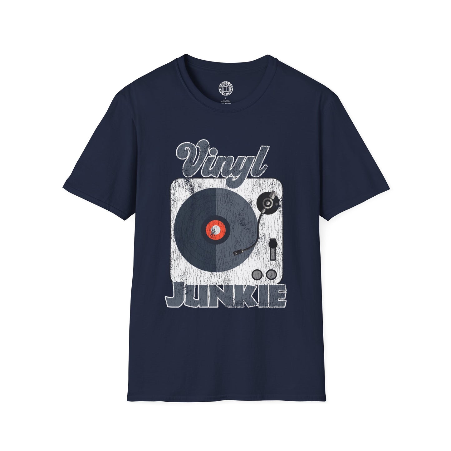Navy blue t-shirt with a graphic of a record player and 'Vinyl Junkie' text on a white background