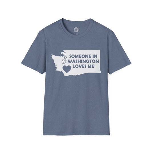 Blue t-shirt with a graphic of Washington state and text 'Someone in Washington loves me' on a white background