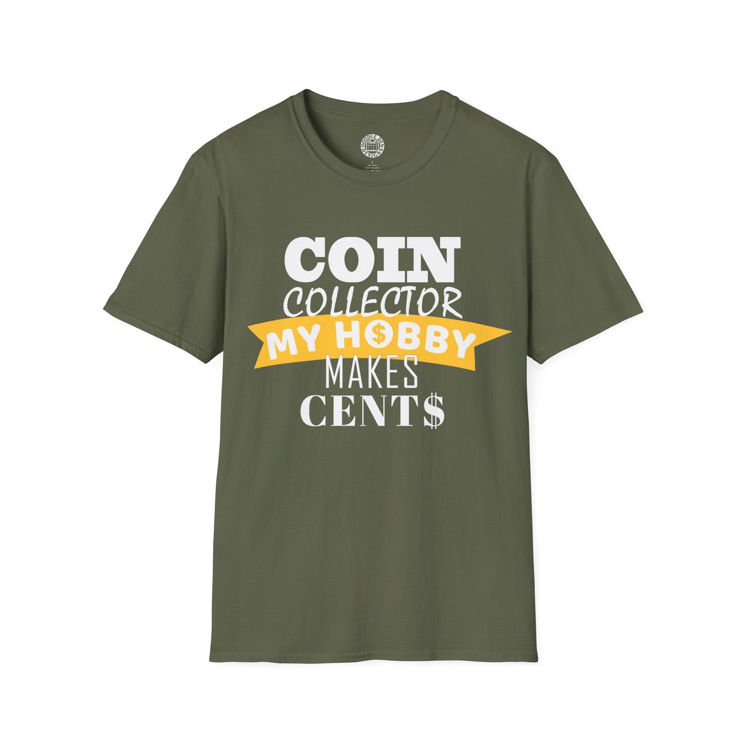 Green t-shirt with text 'Coin Collector My Hobby Makes Cents' on a white background