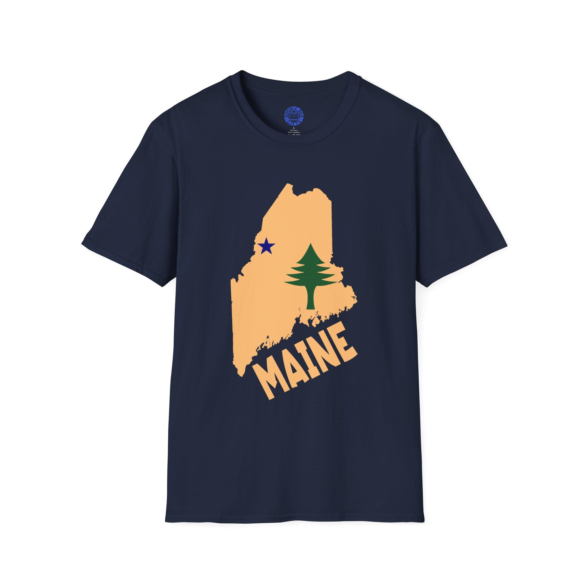 Navy blue t-shirt with a graphic of Maine's outline, a tree, and the word 'MAINE' on a white background.