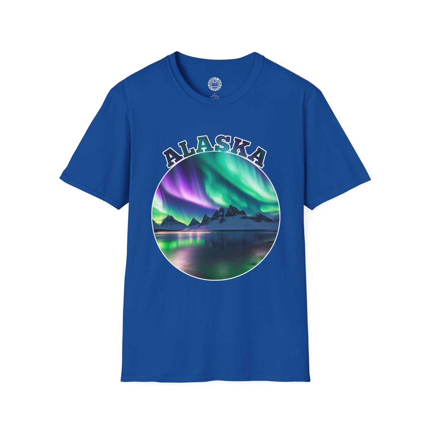 Blue t-shirt with Alaska graphic design featuring Northern Lights and mountains on a white background