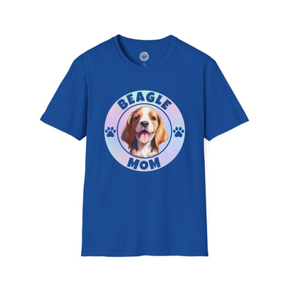 Blue t-shirt with a beagle graphic and 'Beagle Mom' text on a white background