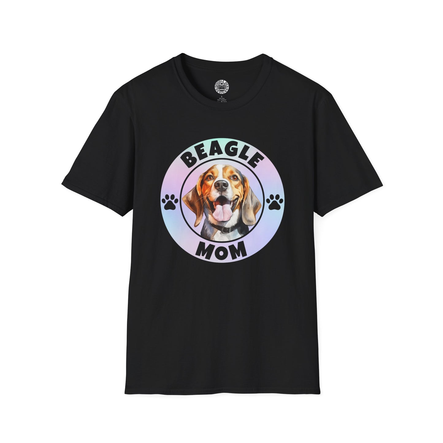 Black t-shirt with a beagle graphic and 'Beagle Mom' text on a white background
