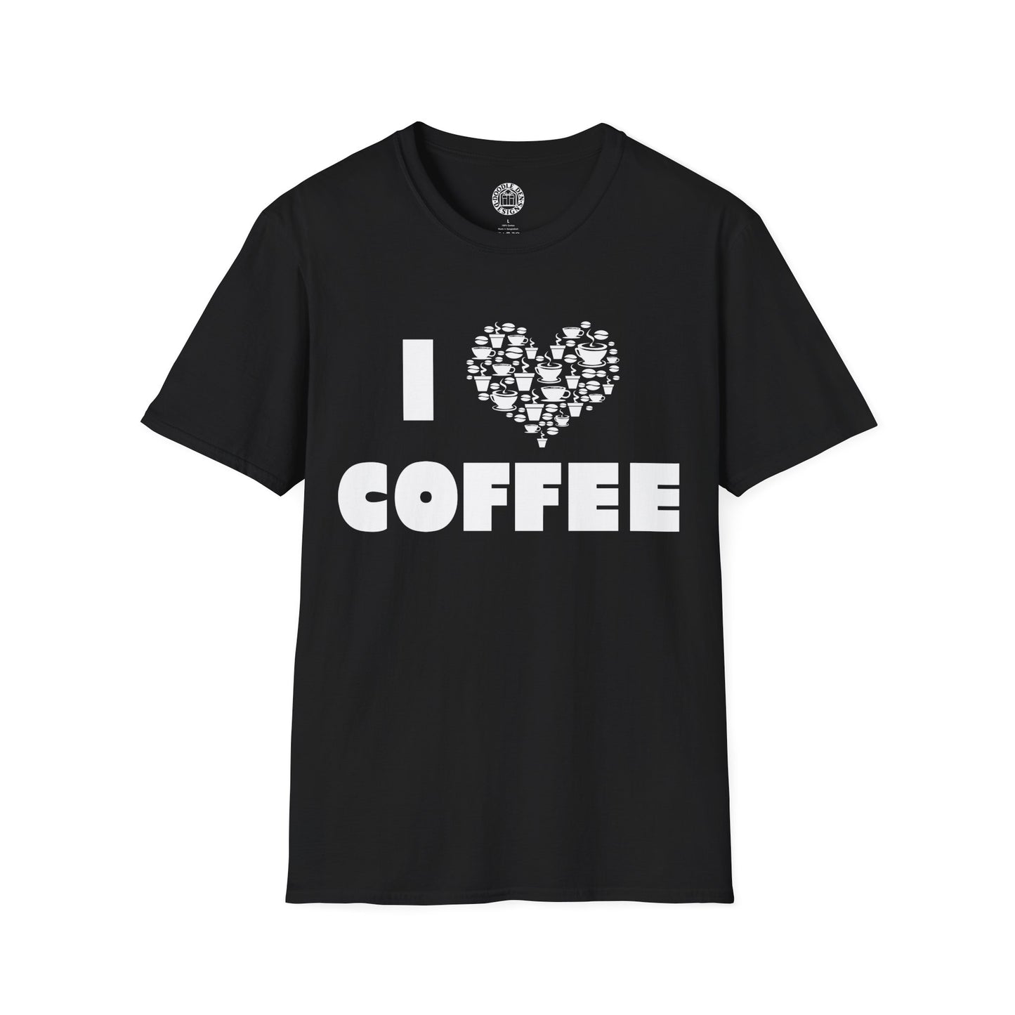 Black t-shirt with 'I ❤️ COFFEE' text on a white background