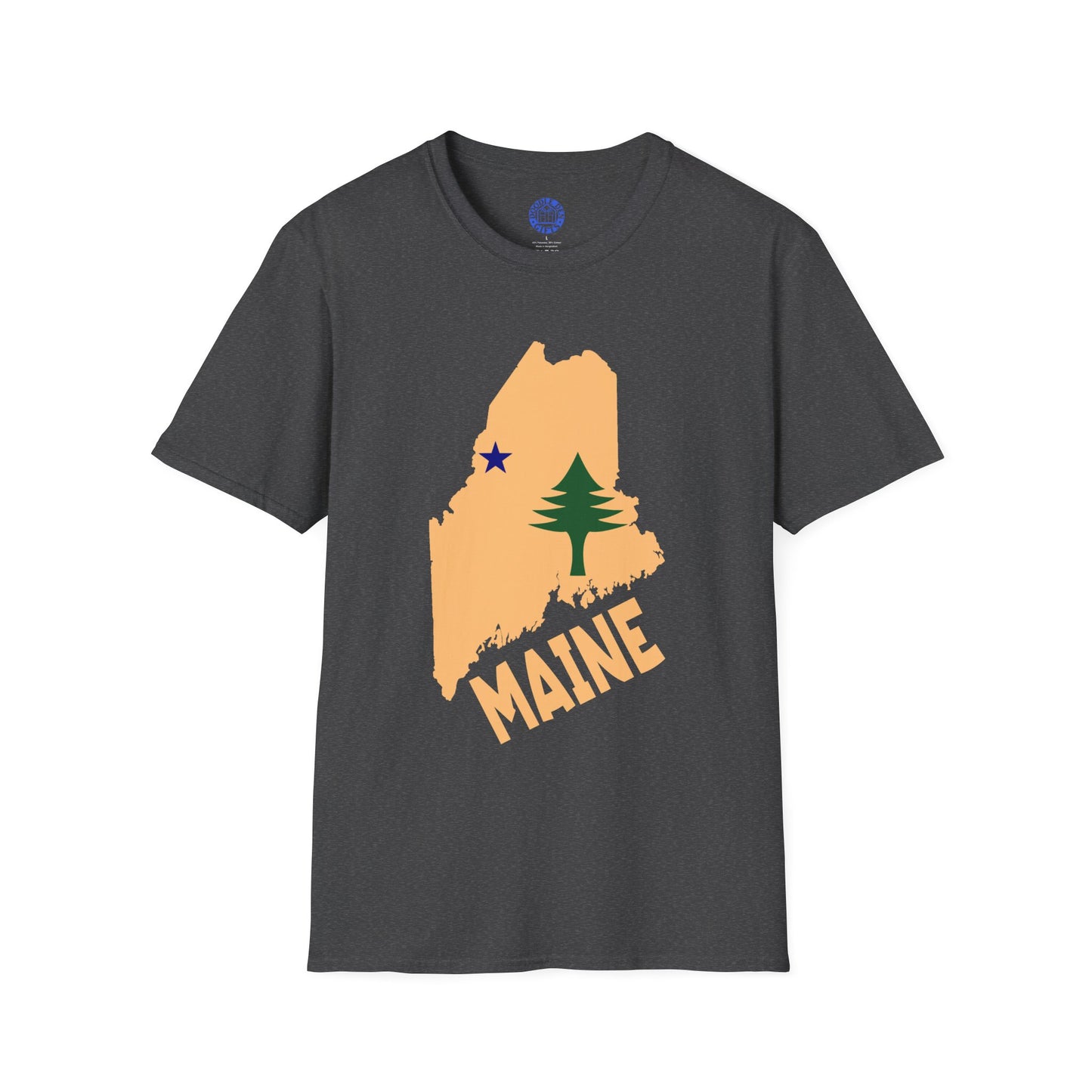 Gray t-shirt with a graphic of Maine state map and tree design on a white background