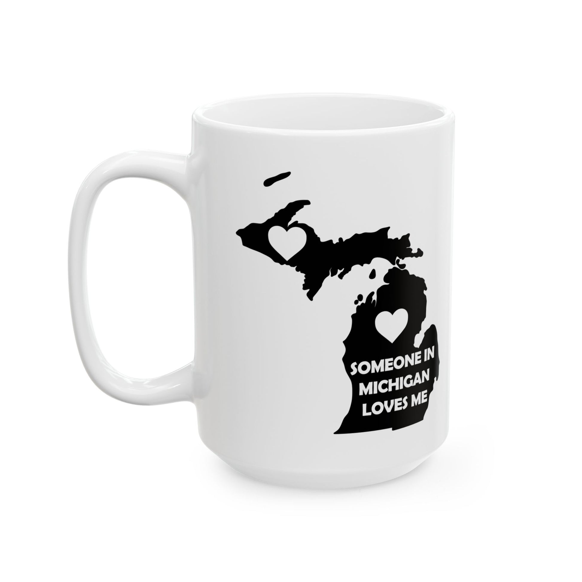 White mug with black map of Michigan and text 'Someone in Michigan loves me' on a white background