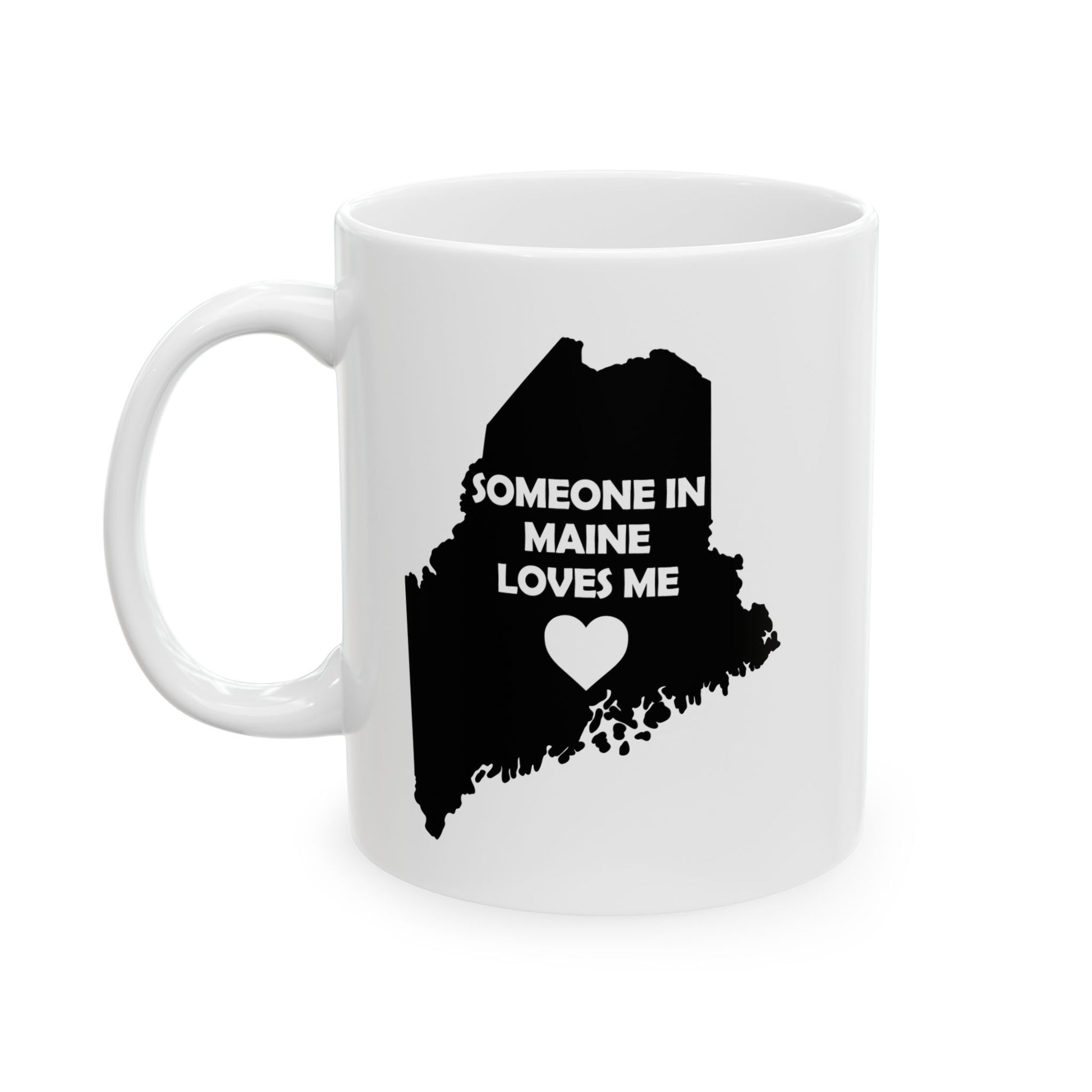 White mug with black silhouette of Maine and text 'Someone in Maine loves me' on a white background