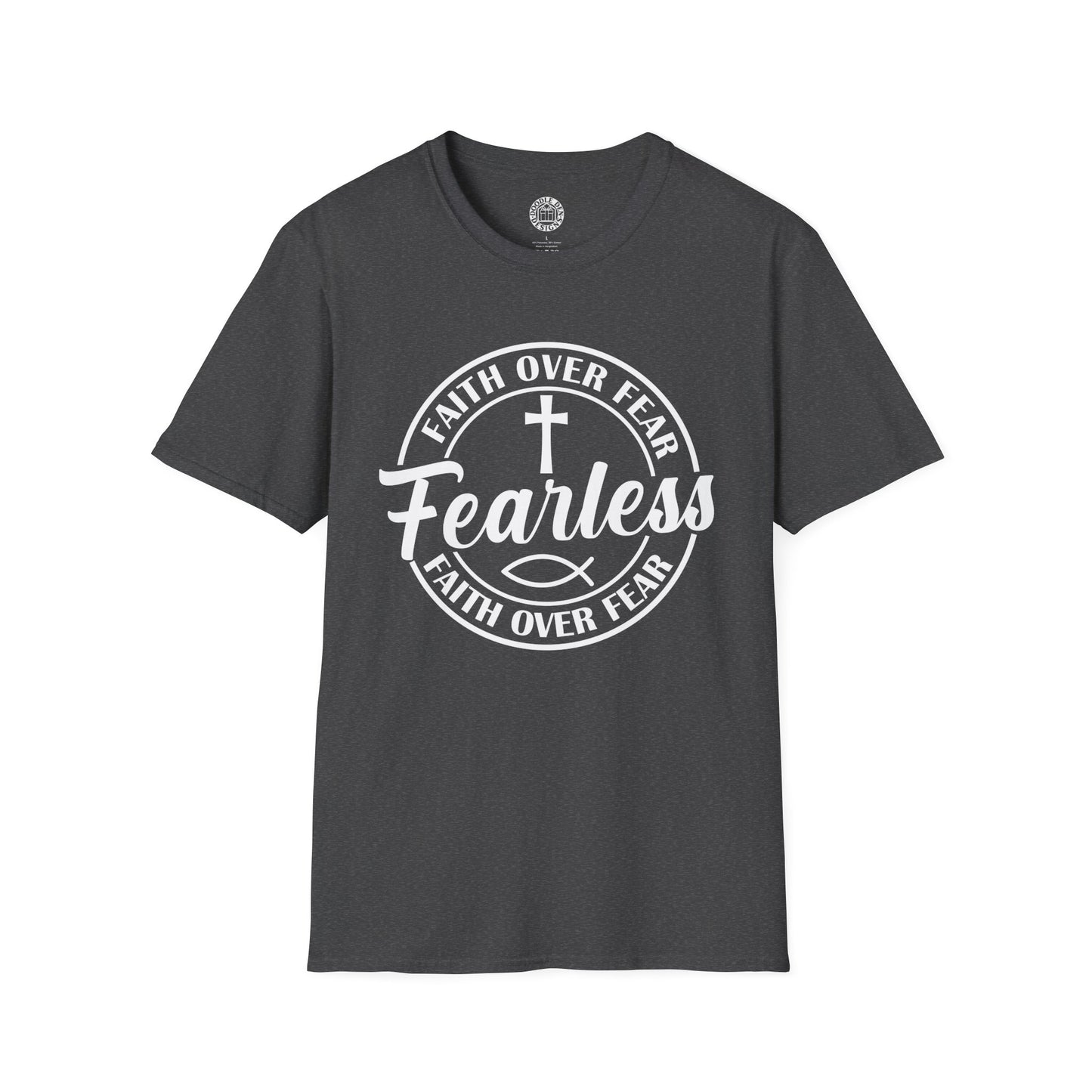 Dark heather t-shirt with the words Fearless Faith Over Fear with cross and fish symbol