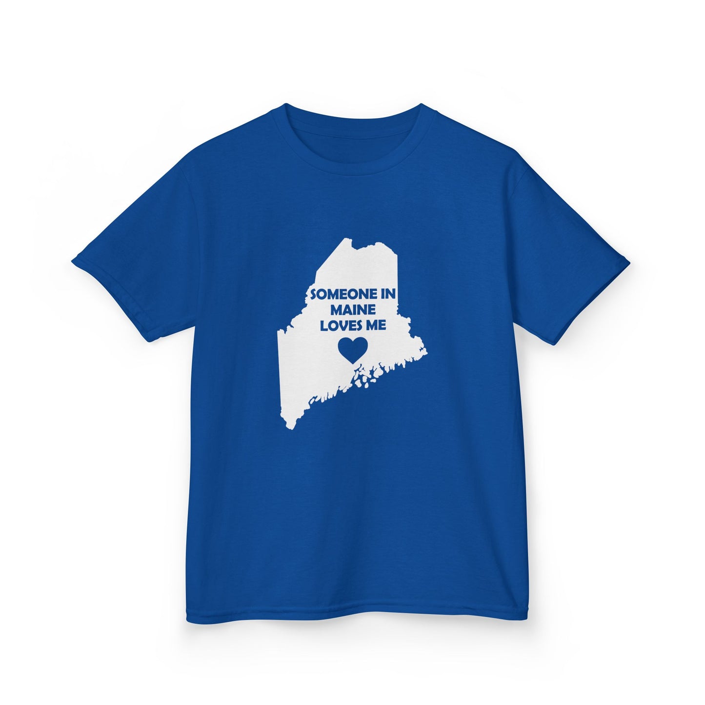 Blue t-shirt with a white map of Maine and text on a white background