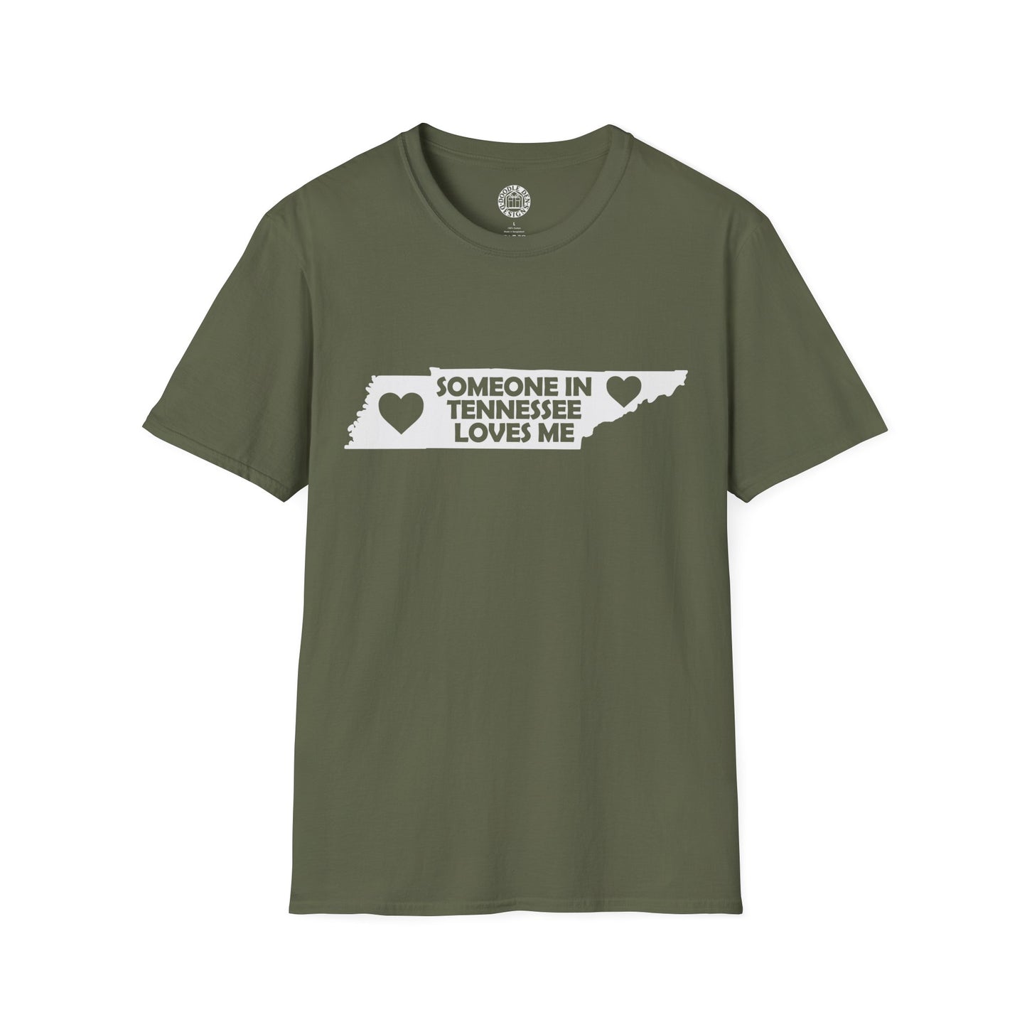 Green t-shirt with 'Someone in Tennessee loves me' text on a white background