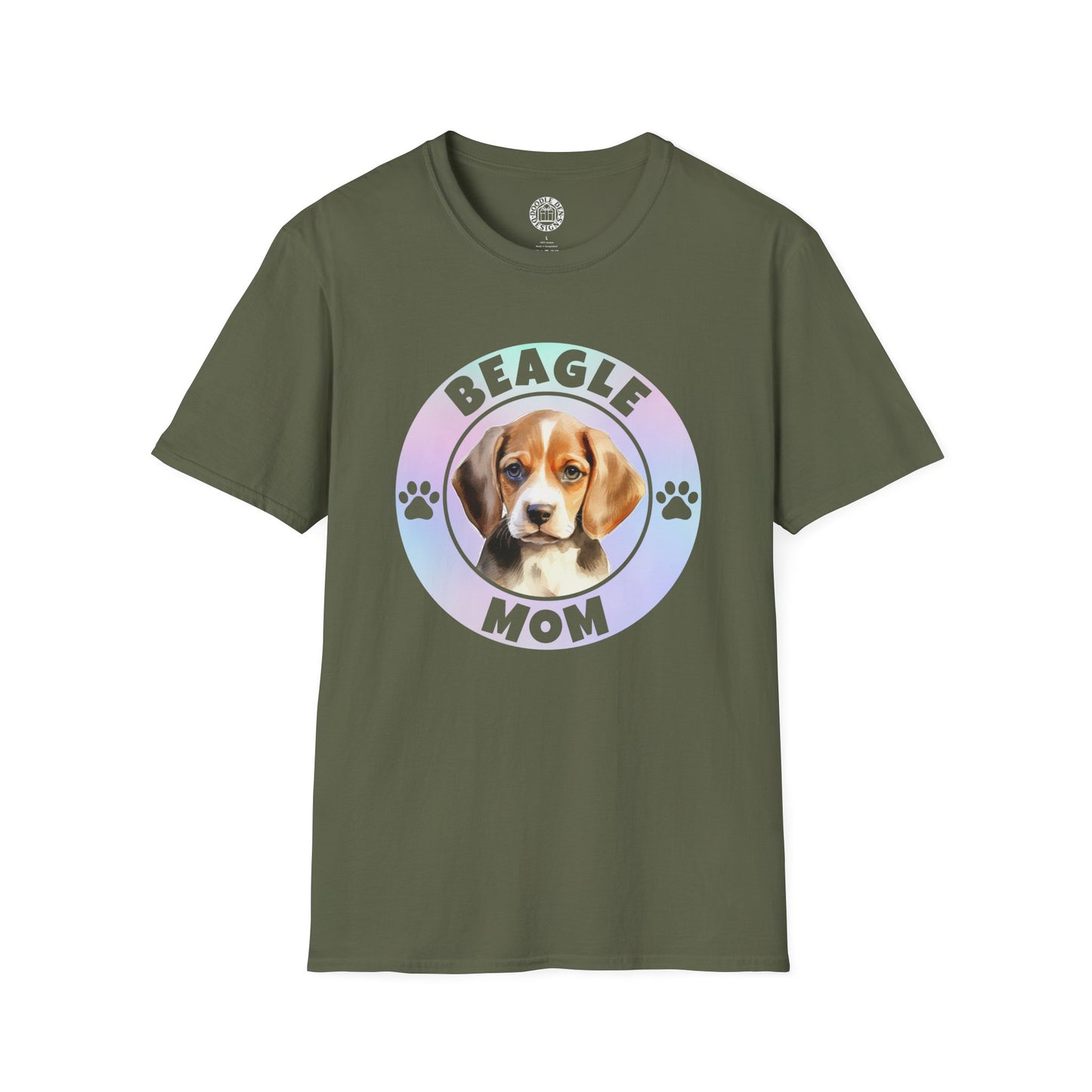 Green t-shirt with a beagle graphic and 'Beagle Mom' text on a white background