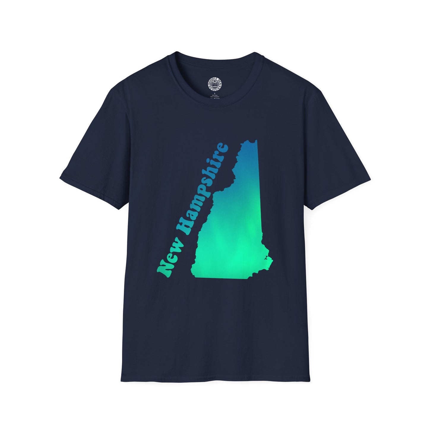 Navy blue t-shirt with a green and blue gradient map of New Hampshire on a white background