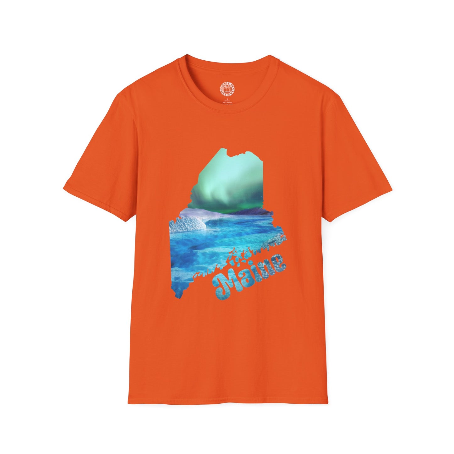 Orange t-shirt with a graphic of a wave and 'Maine' text on a white background northern lights aurora borealis