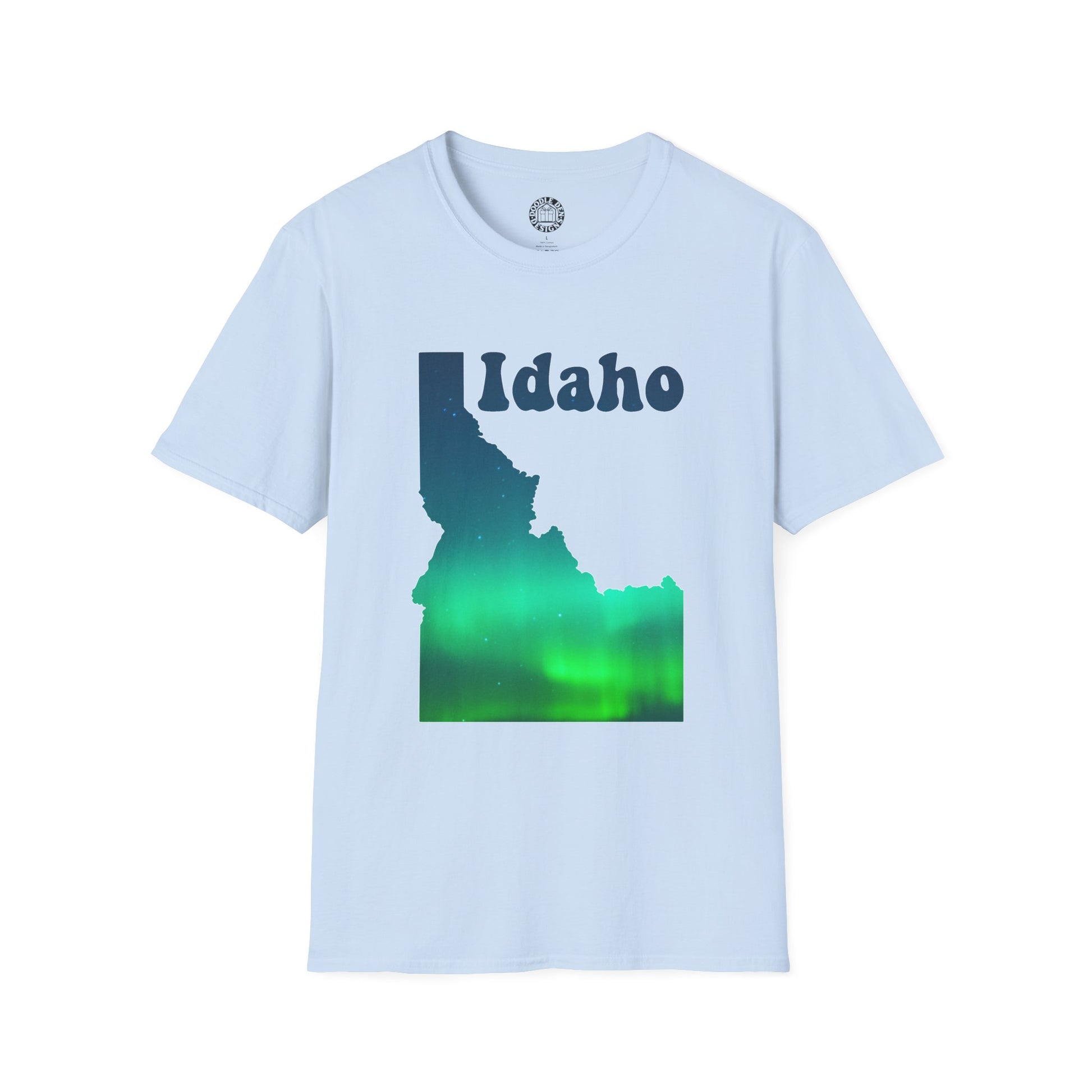 Light blue t-shirt with Idaho map graphic and green Northern Lights design on a white background