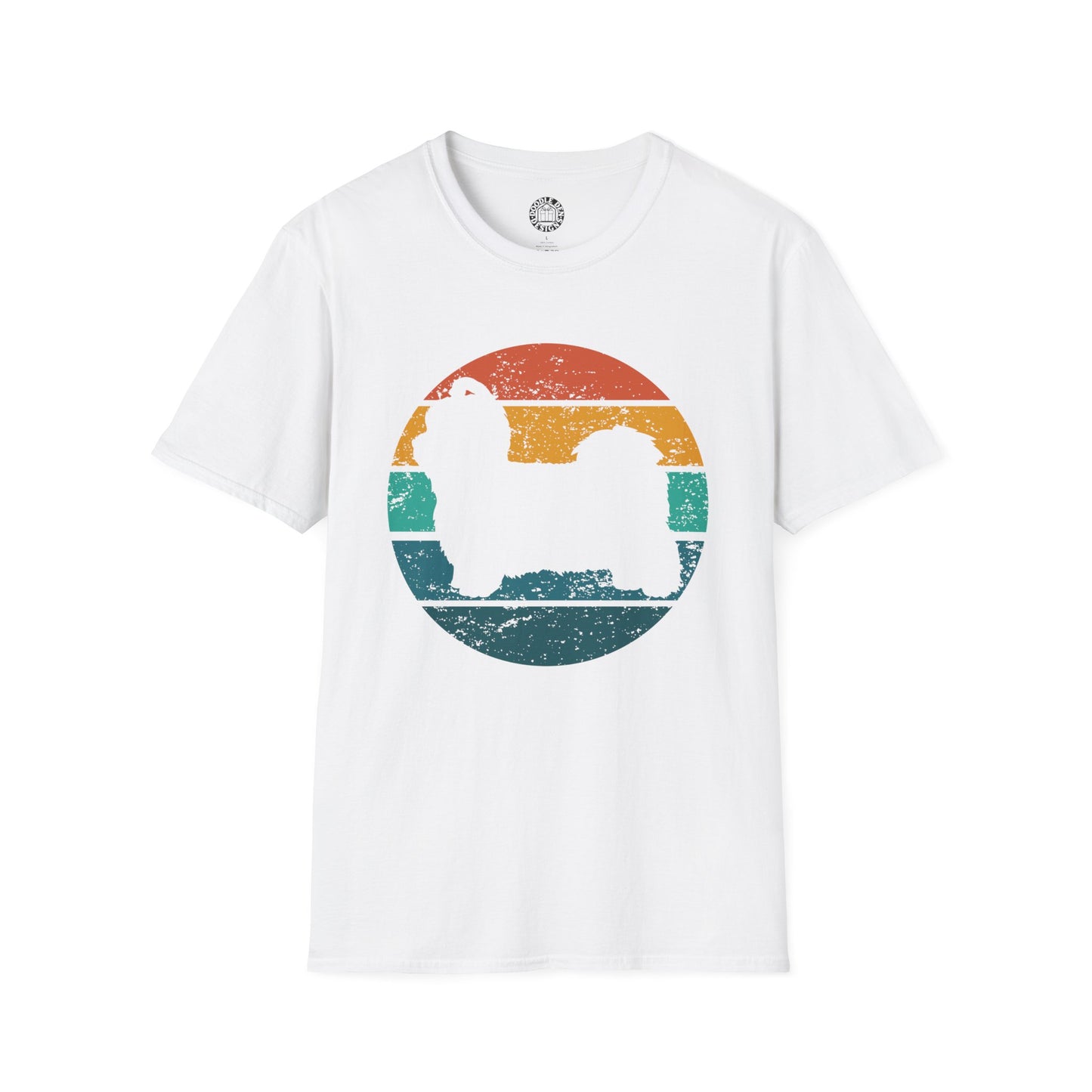White t-shirt with a Shih Tzu dog graphic on a colorful circle design against a white background