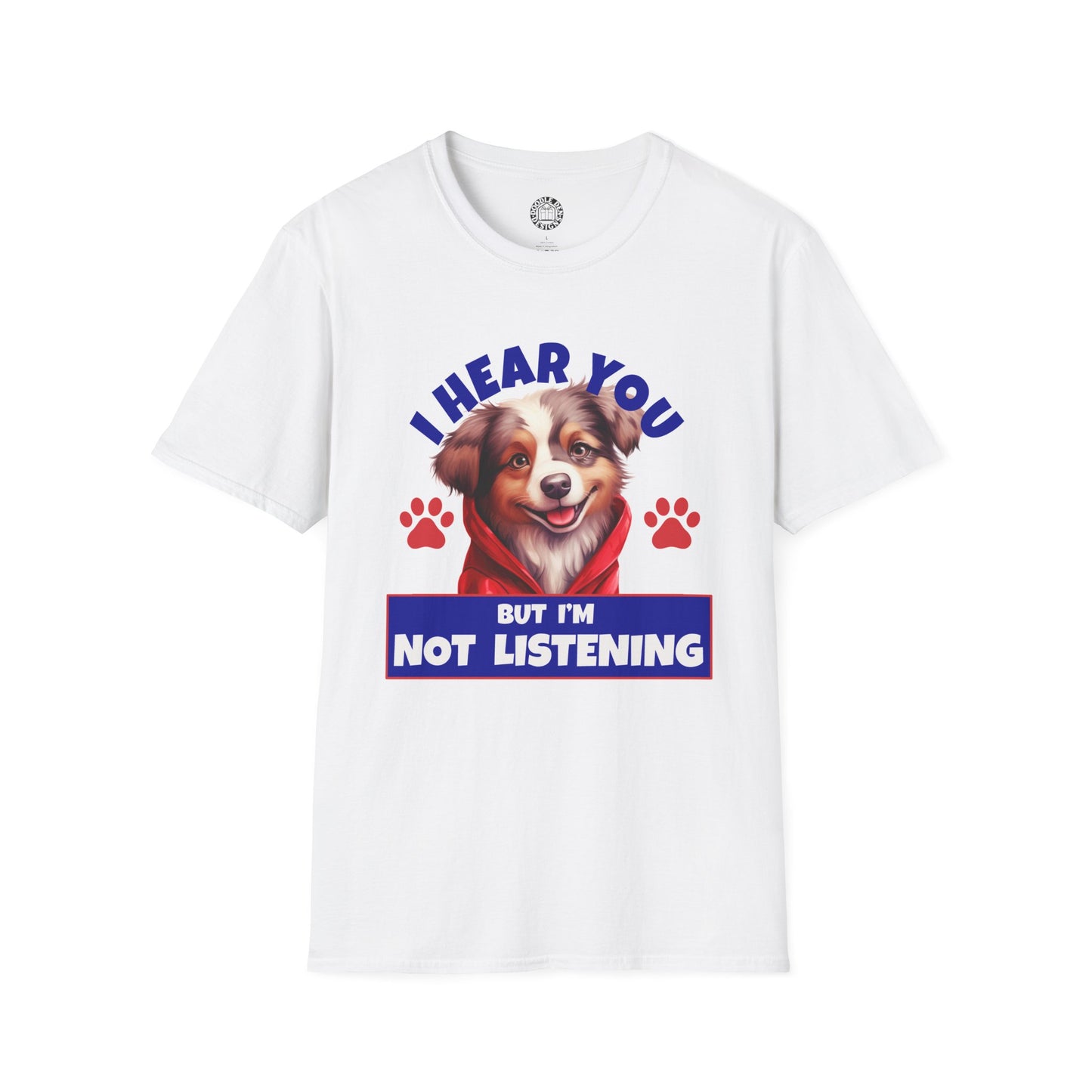 White t-shirt with a Australian Shepherd dog graphic and text on a white background