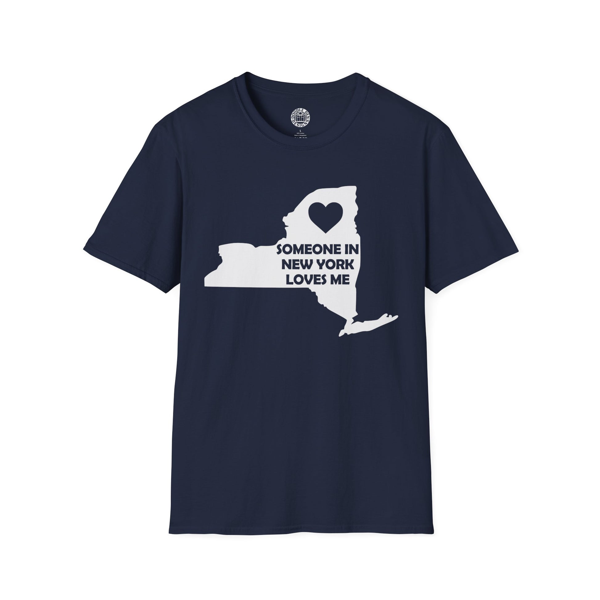 Navy blue t-shirt with a white graphic of New York state and text on a white background with text  Someone In New York Loves Me