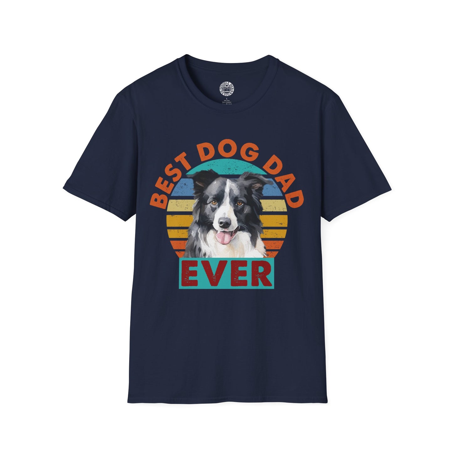 Navy blue t-shirt with a border collie dog graphic and 'Best Dog Dad Ever' text on a white background