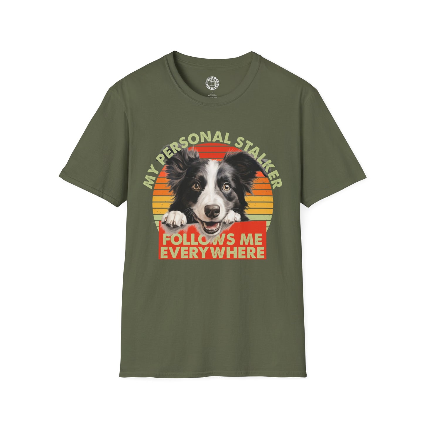 Green t-shirt with a border collie dog graphic and text on a white background