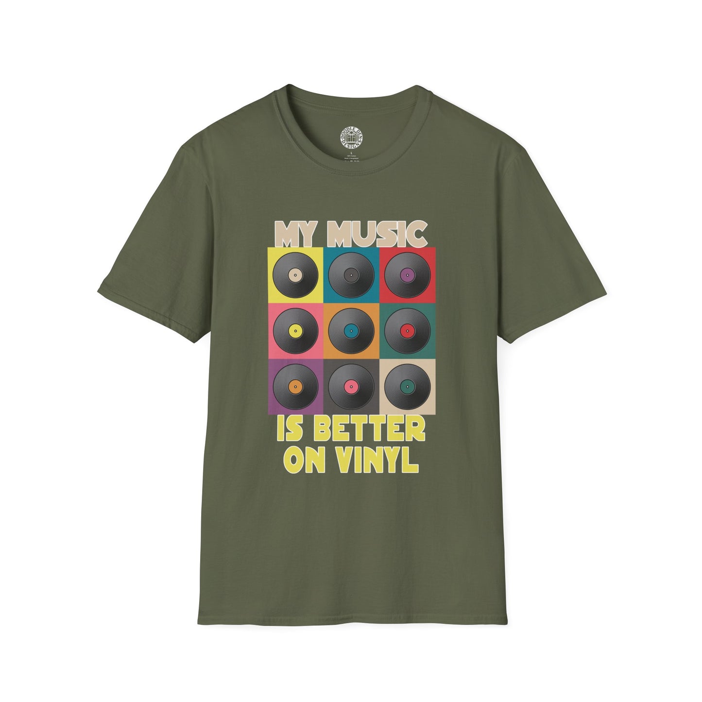 Green t-shirt with vinyl record design and text on a white background