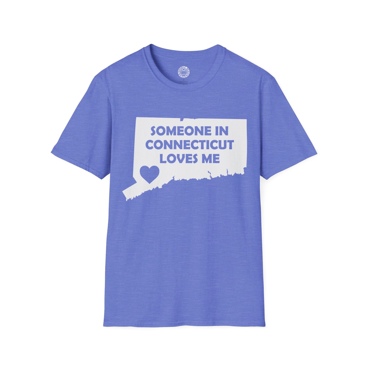 Blue t-shirt with 'Someone in Connecticut loves me' text on a white background