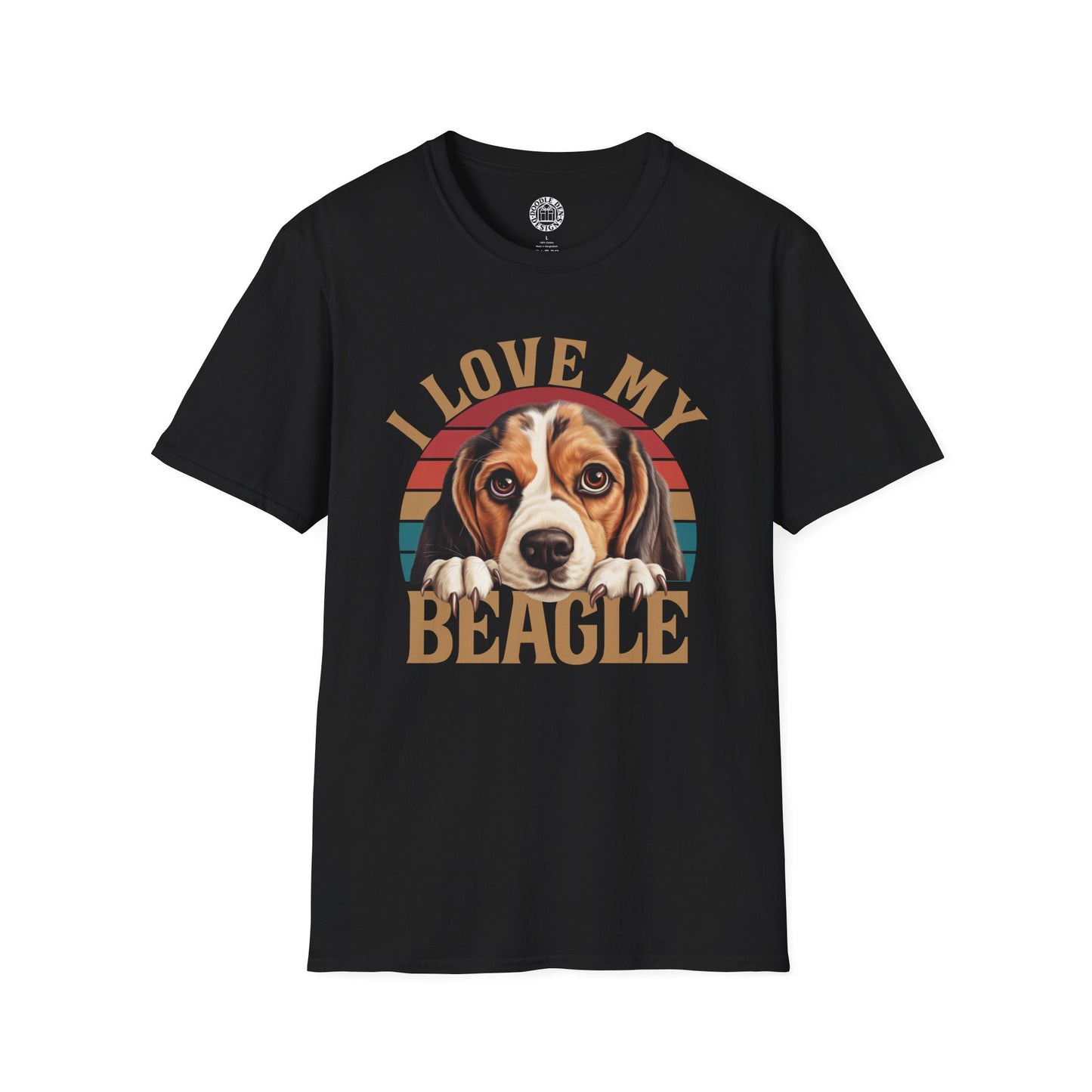 Black t-shirt with 'I Love My Beagle' graphic on a white background