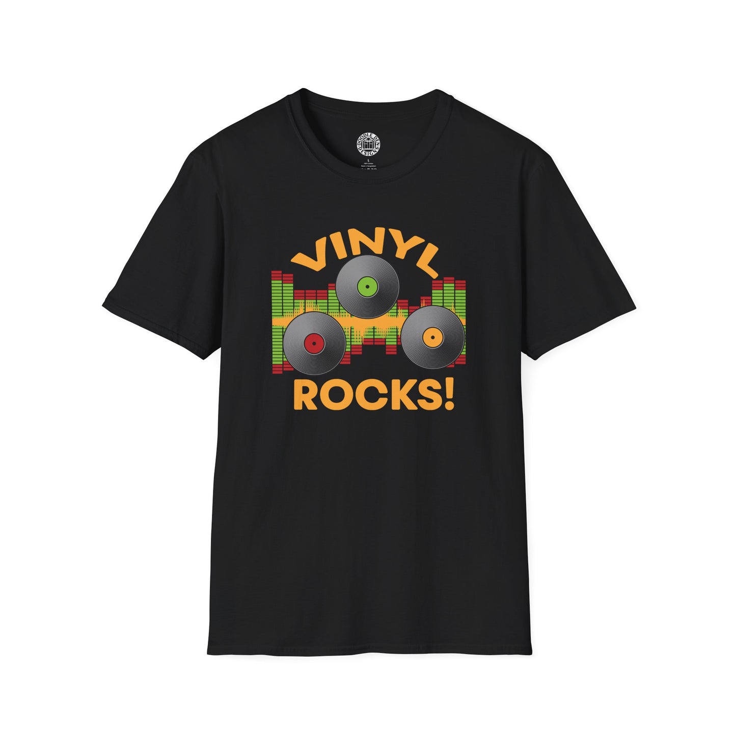 Black t-shirt with 'Vinyl Rocks!' graphic design on a white background
