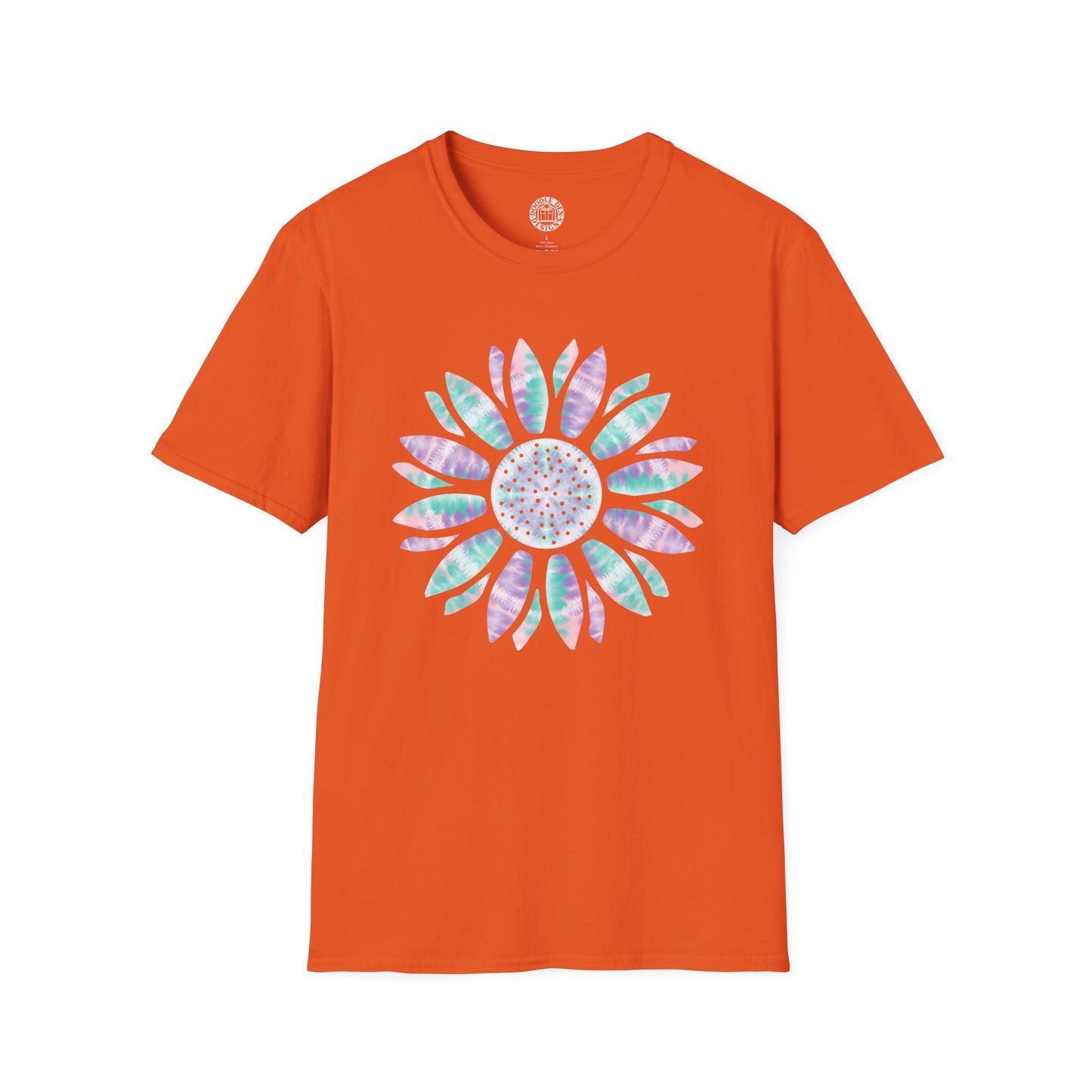 Orange t-shirt with a colorful sunflower  flower design on a white background