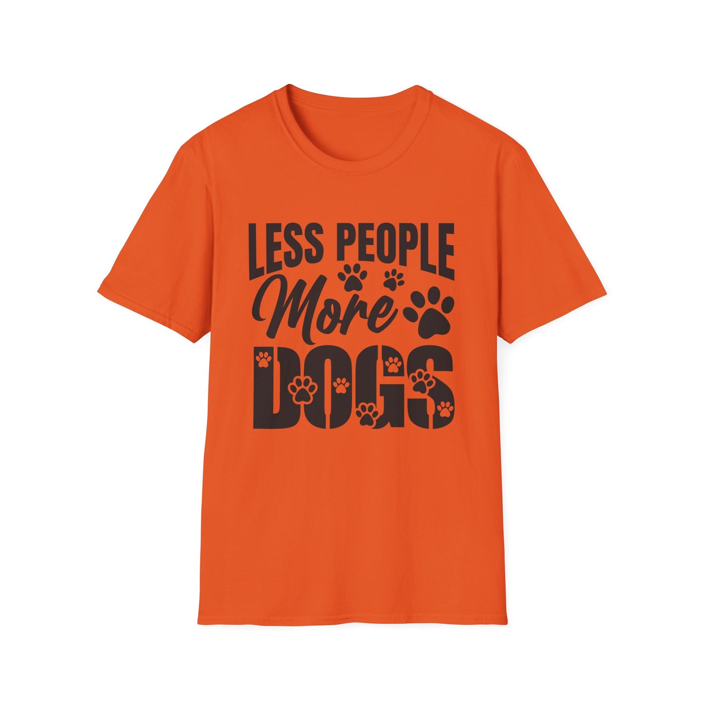 Orange t-shirt with 'LESS PEOPLE MORE DOGS' text and paw prints on a white background