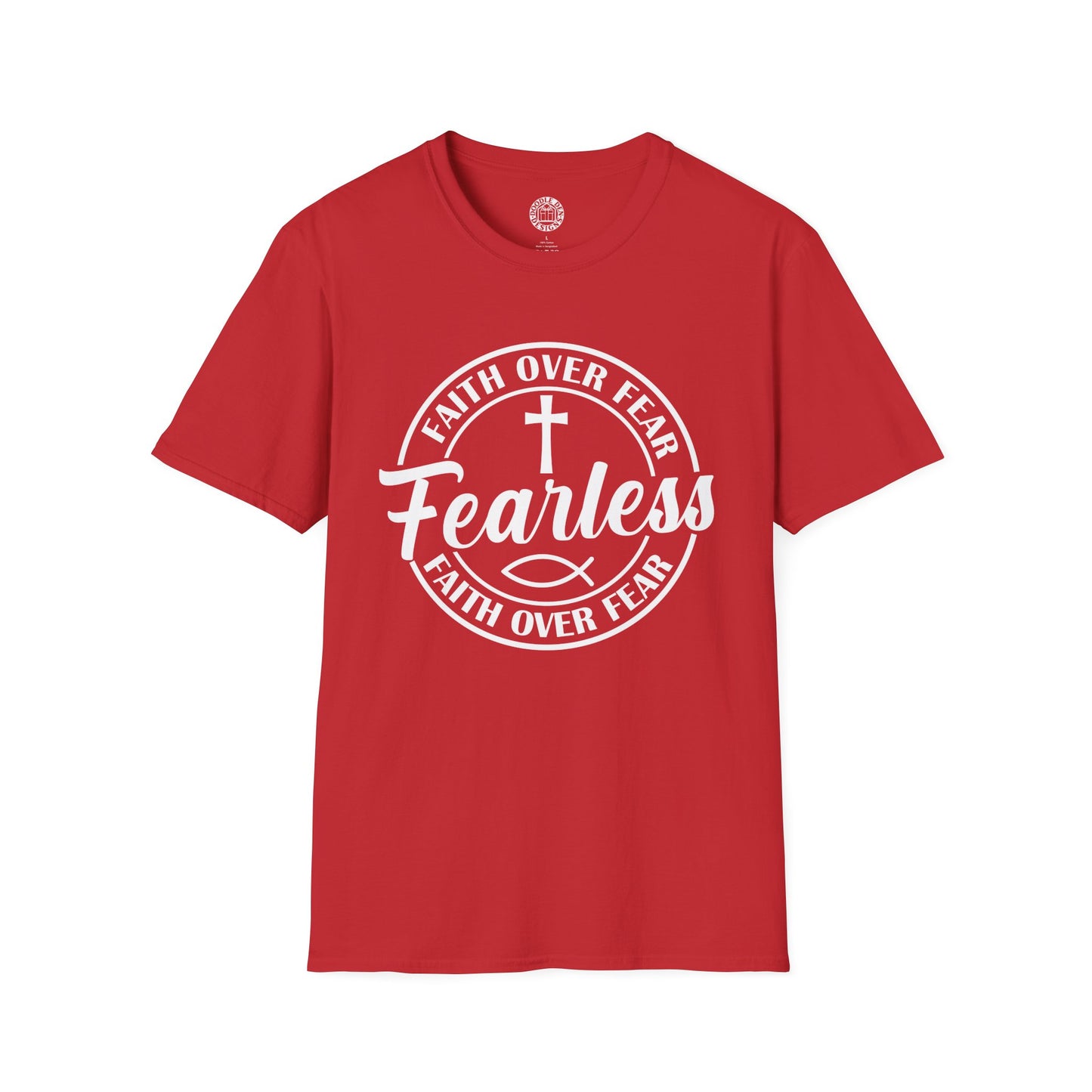 Red t-shirt with the words Fearless Faith Over Fear with cross and fish symbol