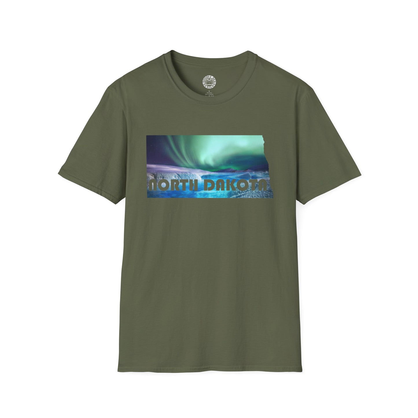 Green t-shirt with 'North Dakota' graphic on a white background