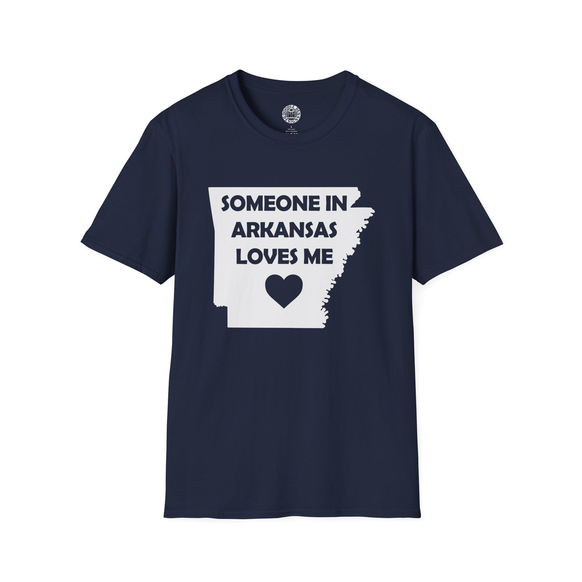 Navy blue t-shirt with 'Someone in Arkansas loves me' graphic on a white background