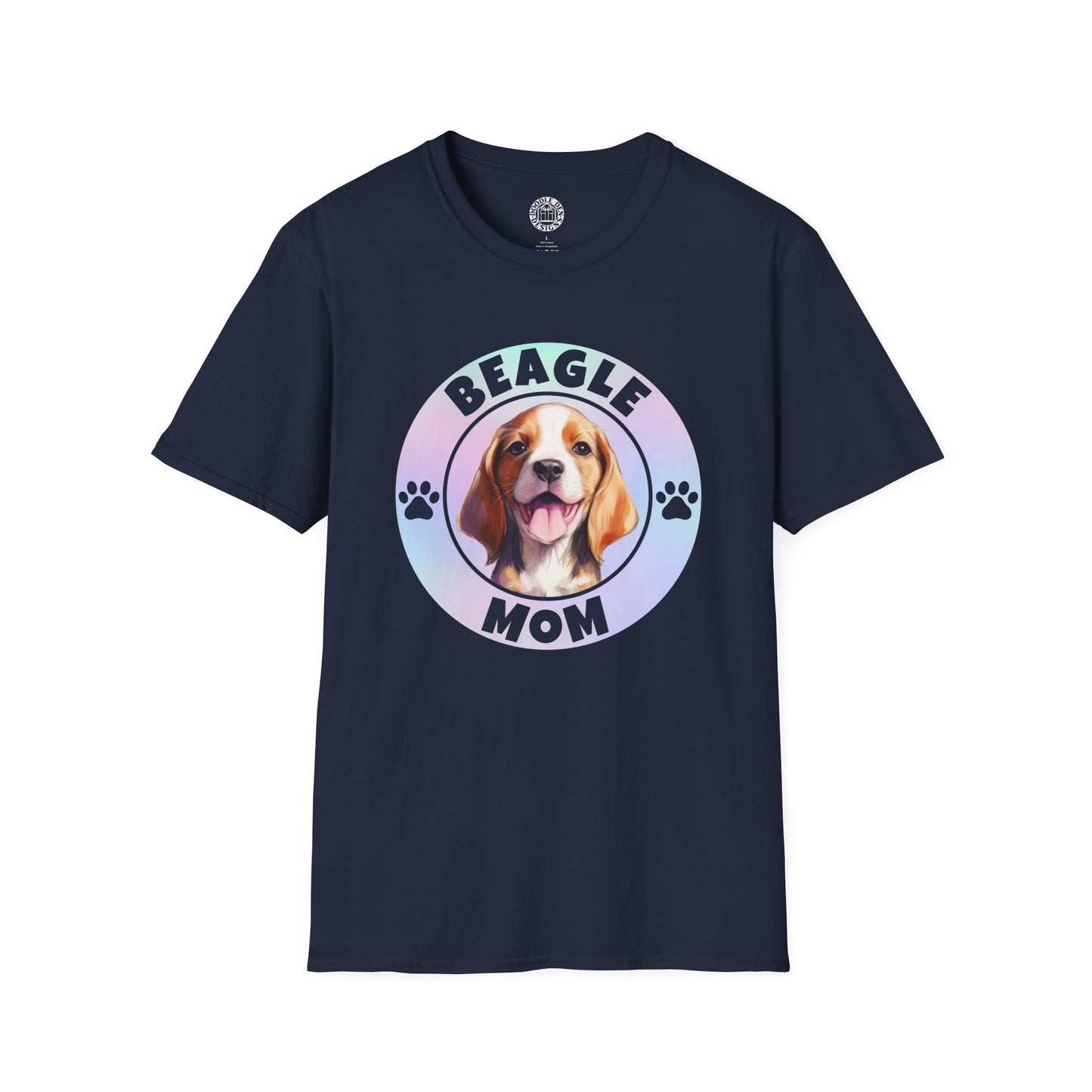 Navy blue t-shirt with a beagle graphic and 'Beagle Mom' text on a white background
