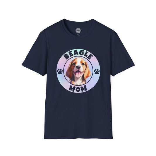 Navy blue t-shirt with a beagle graphic and 'Beagle Mom' text on a white background
