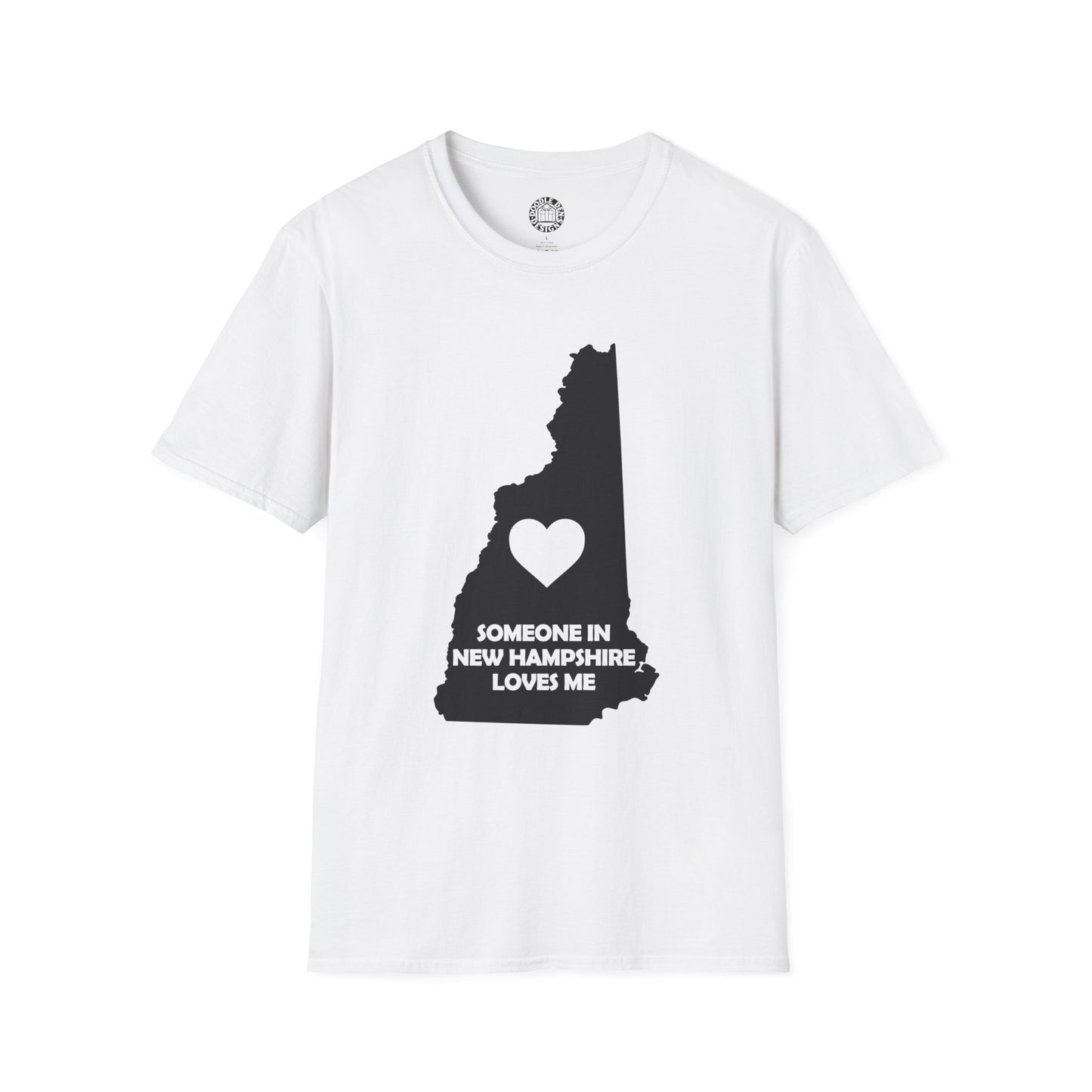 White t-shirt with black graphic of New Hampshire and text on a white background