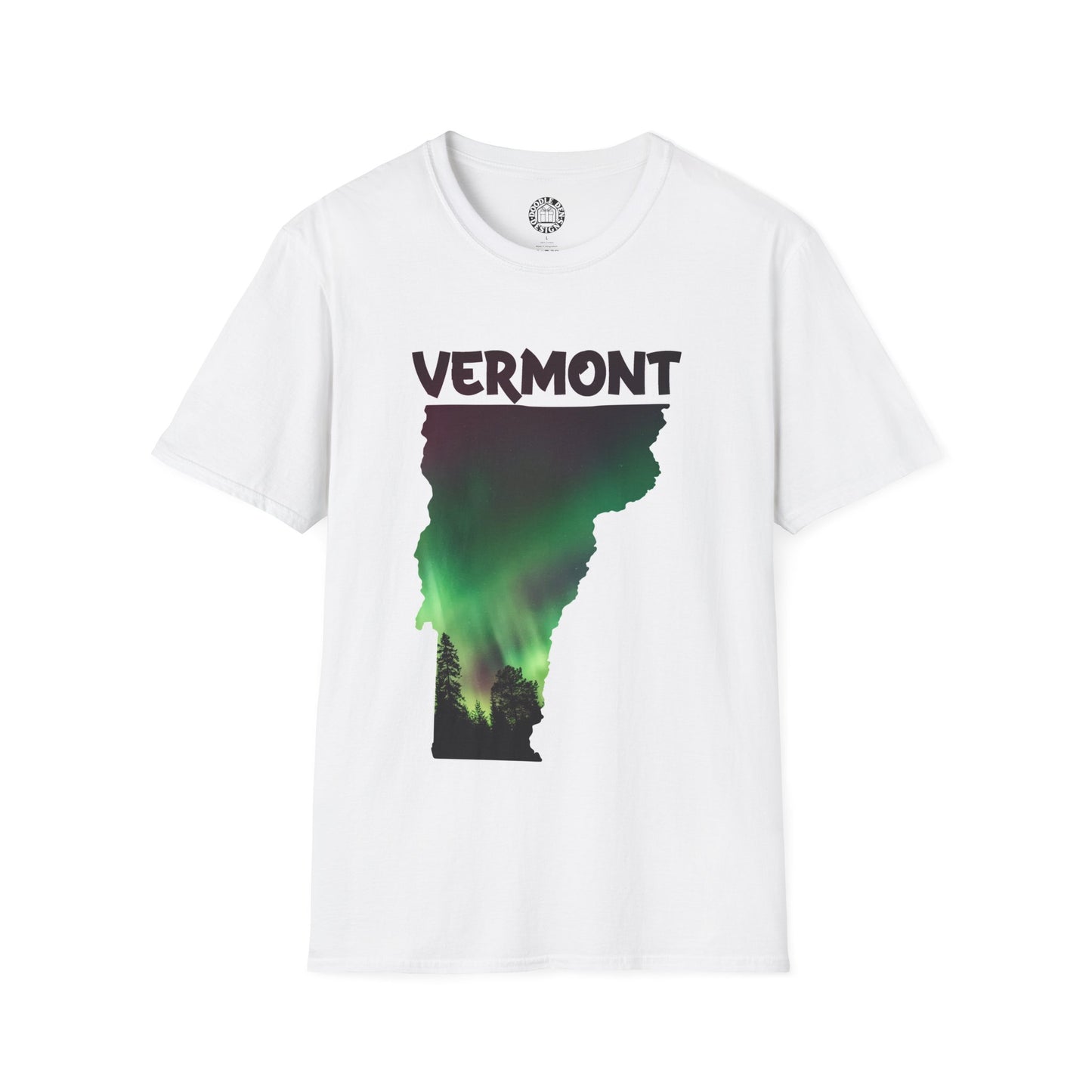 White t-shirt with 'VERMONT' and a Northern Lights design on a white background