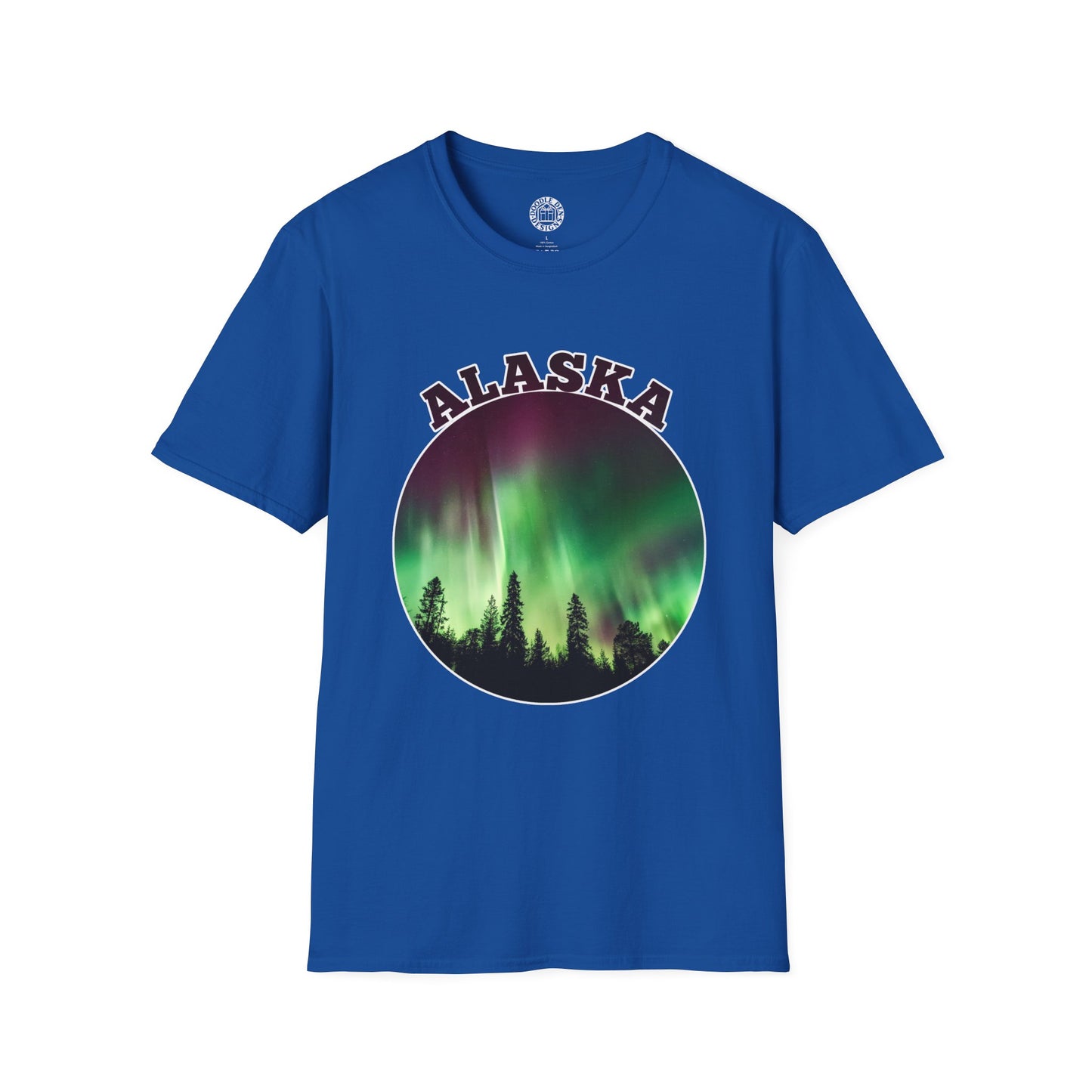 Blue t-shirt with Alaska graphic design featuring Northern Lights and trees on a white background