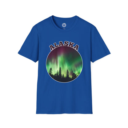 Blue t-shirt with Alaska graphic design featuring Northern Lights and trees on a white background