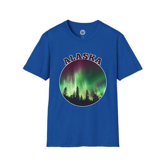 Blue t-shirt with Alaska graphic design featuring Northern Lights and trees on a white background