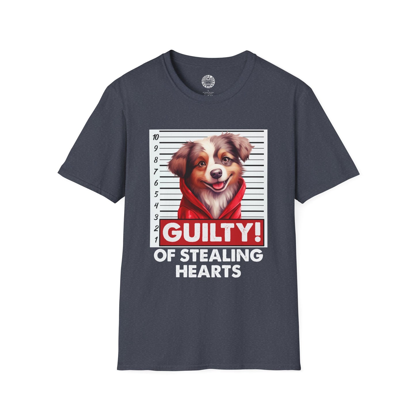 Gray t-shirt with a Australian Shepherd dog graphic and 'Guilty of Stealing Hearts' text on a white background