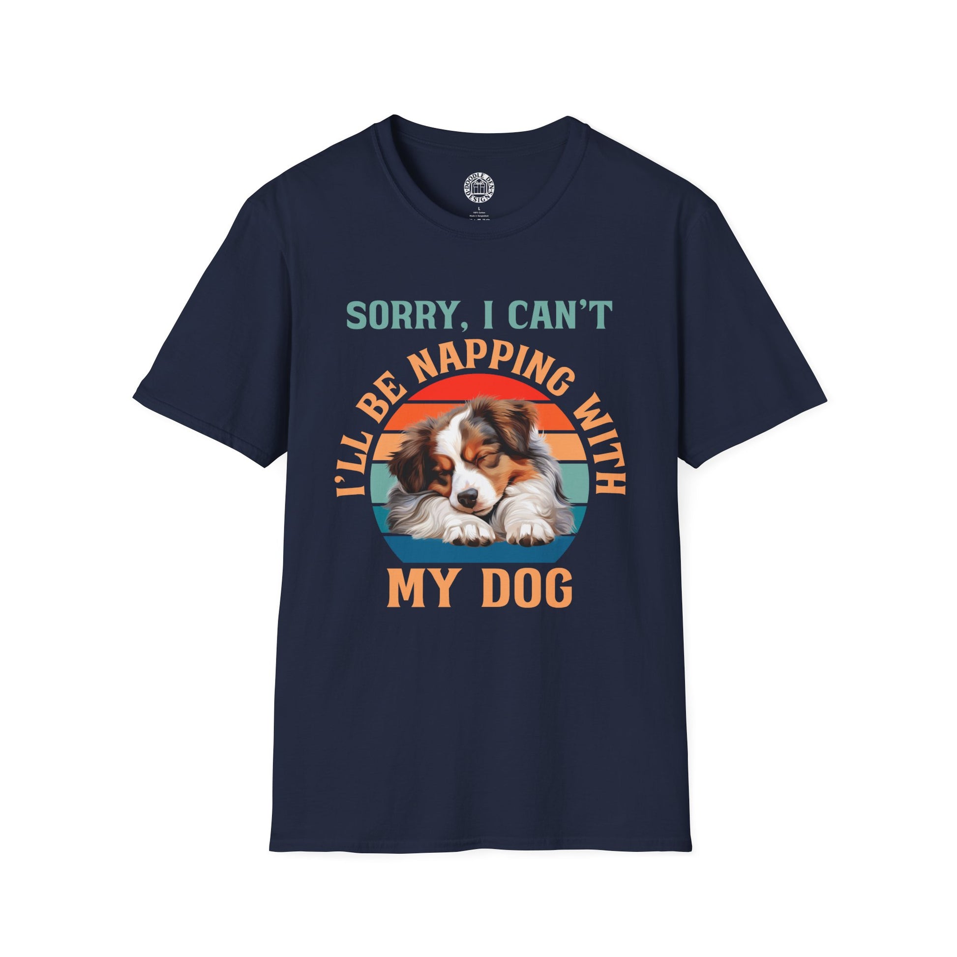 Navy blue t-shirt with a Australian Shepherd dog graphic and text on a white background