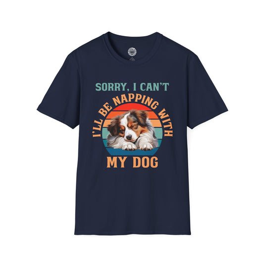 Navy blue t-shirt with a Australian Shepherd dog graphic and text on a white background