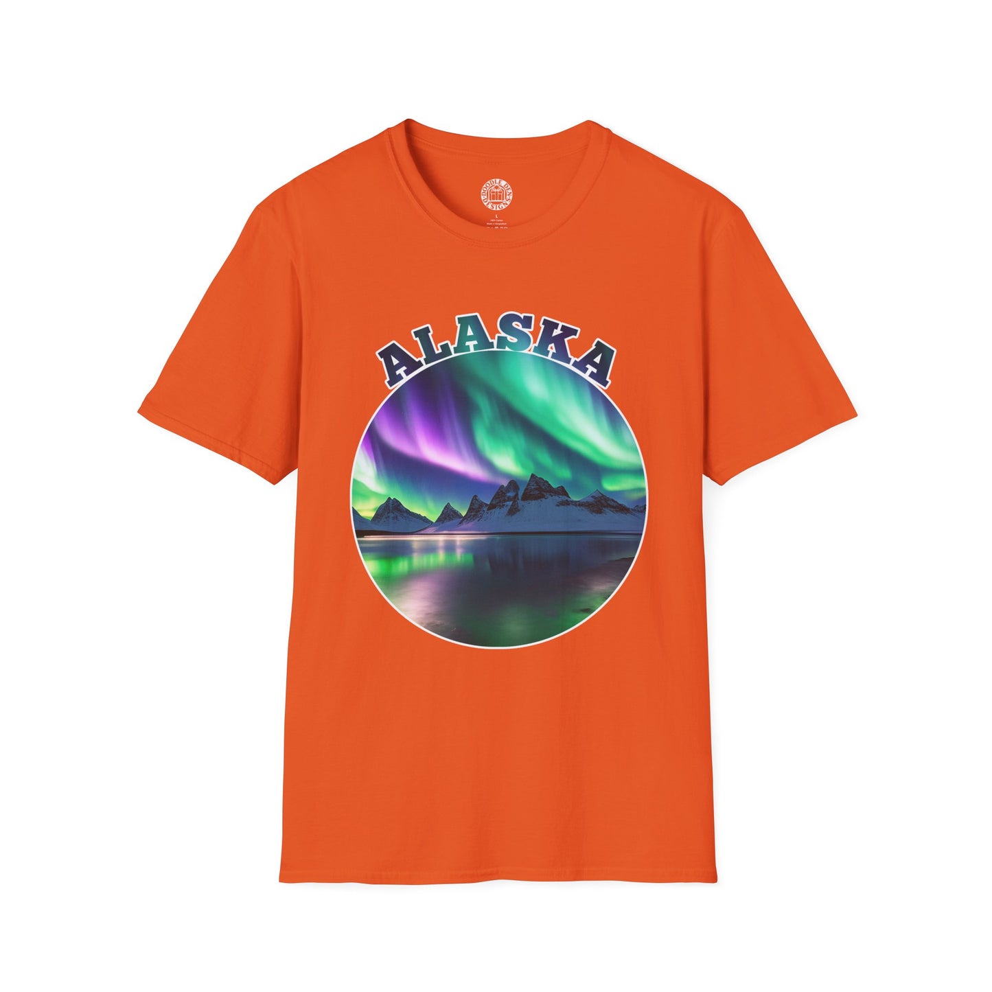 Orange t-shirt with Alaska graphic design featuring Northern Lights on a white background